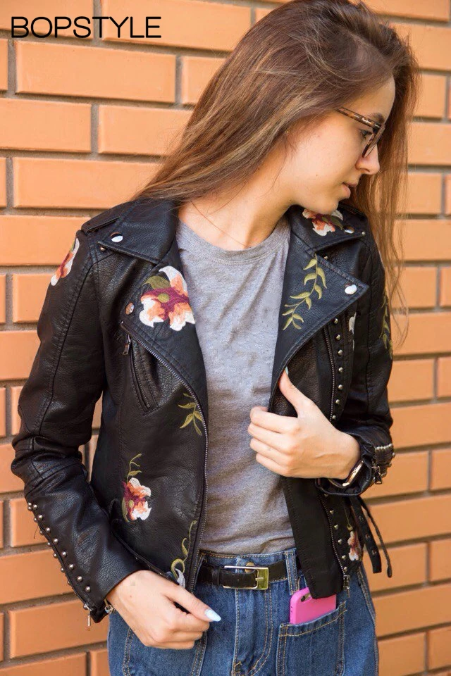 

2018 F/W New Women Studded Pu Leather Embroidered Motorcycle Jacket - Ladies Slim-fit Embroidered Flower Short Biker Jacket Coat
