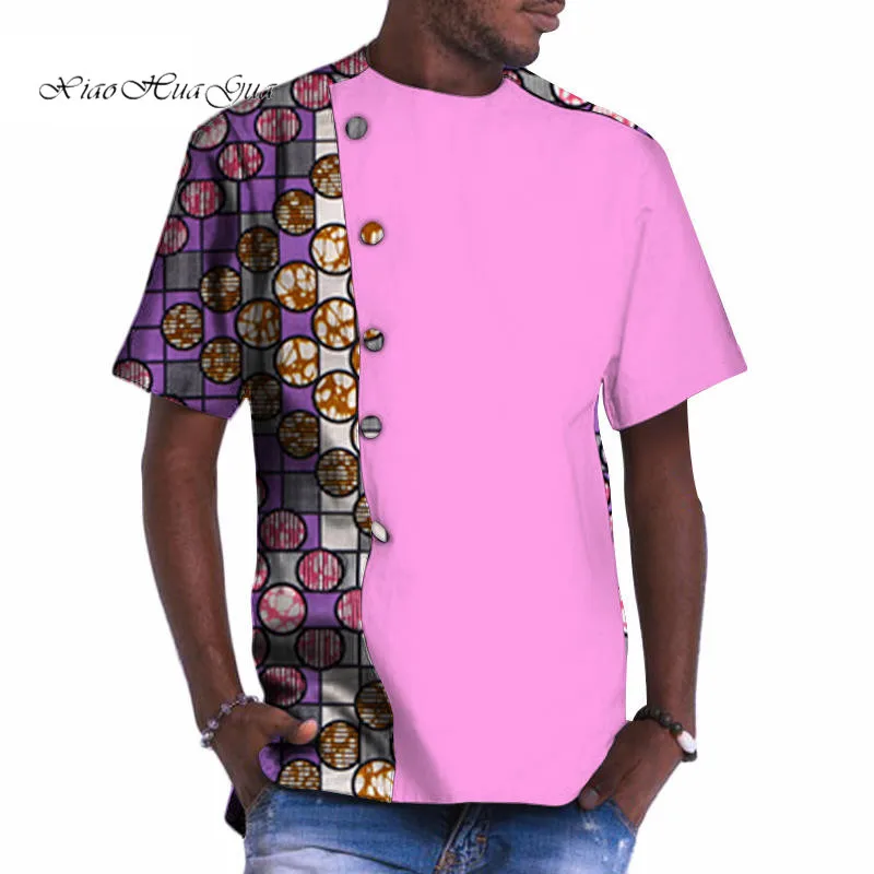 Bazin Riche африканская мужская одежда хлопок печать Лоскутная Кнопка Топ тройники африканская одежда Дашики Мужская Топ Футболка WYN535