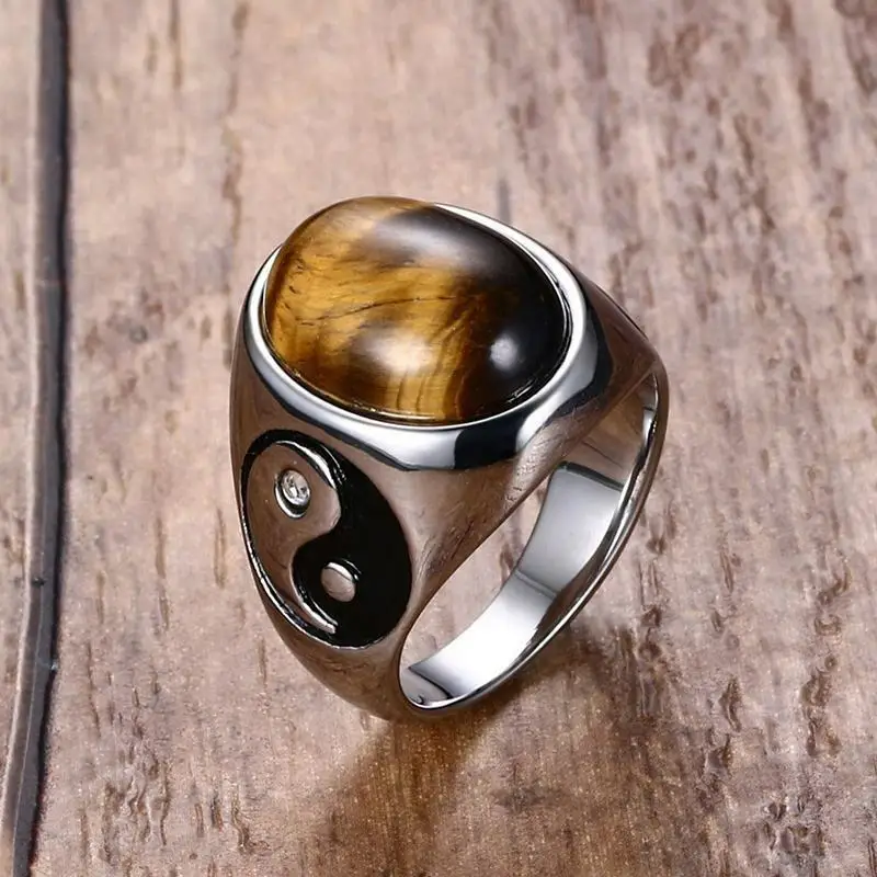 

Vintage Men Oval Tiger Eye Stone Yin Yang Ring Feng Shui TaiChi Gossip Luck Band