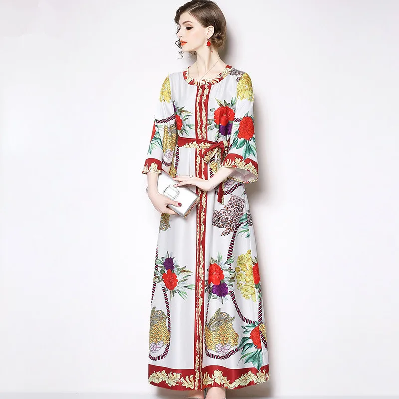 

Women Elegant Floral Print Maxi Dress Bow Tie Sashes Bat Sleeve O Neck Loose Kimono Lady Casual Night Wear Long Dresses Vestidos