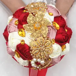 Ручной работы Винтаж свадебные букет невесты атласная роза цветок золотой кристалл горный хрусталь брошь букеты Цветочные Декоративные