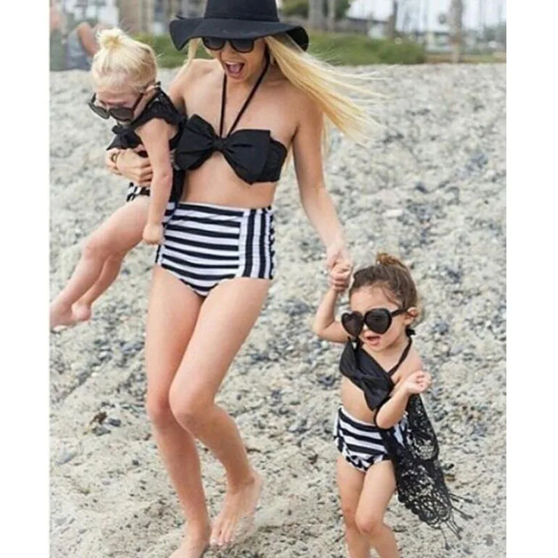 

ZOGAA 2019 Summer Sexy Black Split Parent-Child Swimming Bikini Leisure Striped Family Matching Clothes