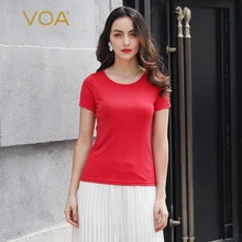 VOA Красная Трикотажная шелковая футболка с круглым вырезом и коротким рукавом, женские топы, повседневные офисные женские базовые футболки, пуловер, летняя одежда B5806