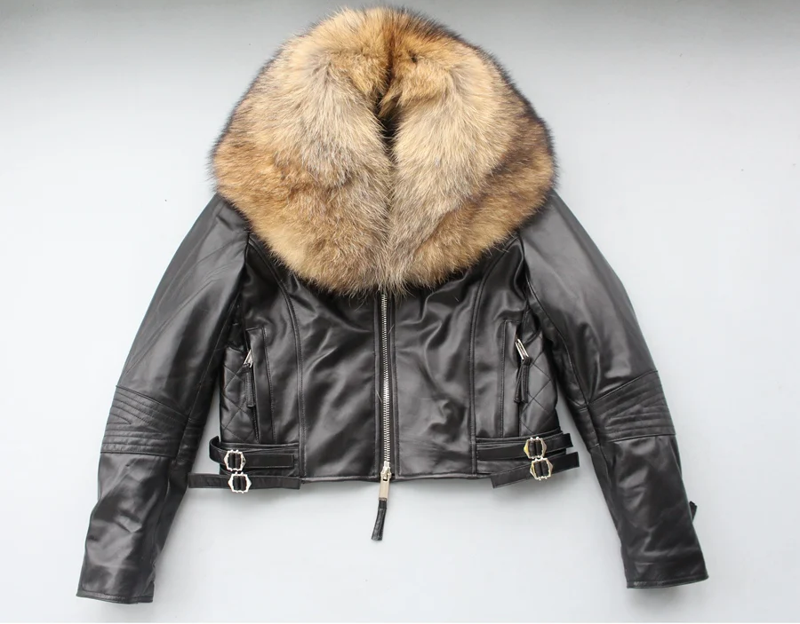 genuine sheepskin leather jacket with real big raccoon fur collar (13)