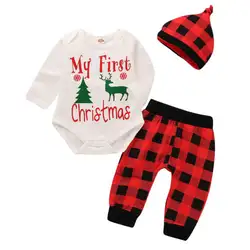 My 1st Christmas Baby для новорожденных мальчиков и девочек Комбинезон + штаны в клетку леггинсы детские Шляпа хлопковая детская одежда комплект 2