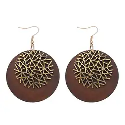 ZWPON 2018 новая золотая филигрань ар-деко круглые серьги из дерева Для женщин Мода натурального дерева геометрические серьги оптовая продажа