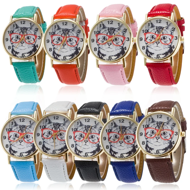 Fashion Womens Ladies Dial Watch Cute Lovely Cat Pattern Casual Faux Leather Band Quartz Analog Dress Students Wrist Watch Clock