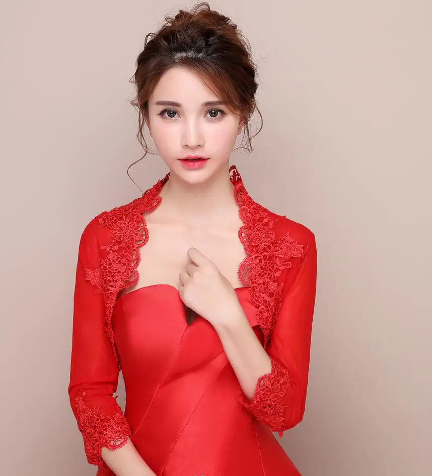 Red Long Sleeve Bridal Jacket Ivory Tulle Wedding Bolero With Appliques Women Cape Etole Mariage PJ004