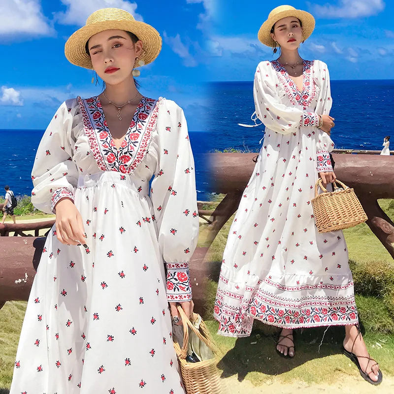 

holiday wind V-neck floral print dress back straps waist long bat sleeve dress big swing beach long deep v neck white dress