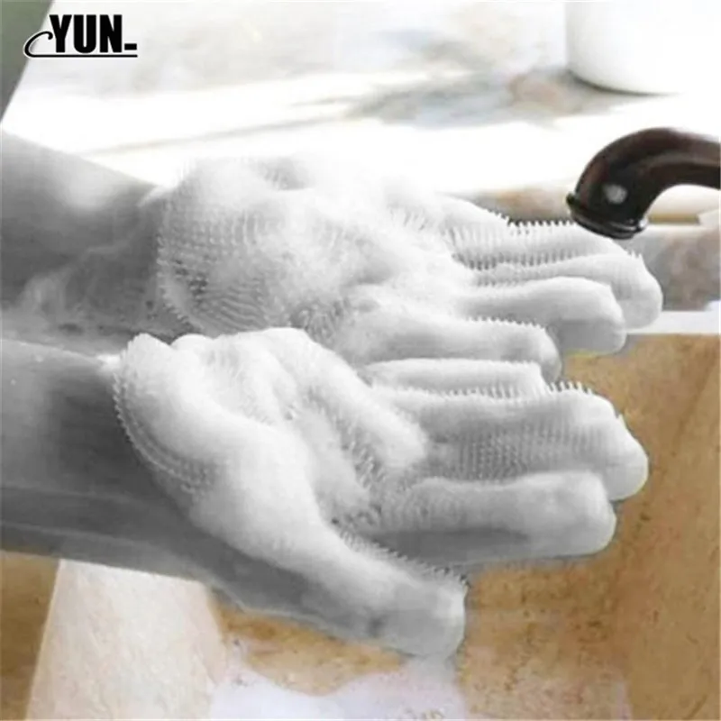 A Pair Cleaning Gloves Magic Silicone Scrubber Rubber Dusting Dish WashingPet Care Grooming Bathroom CarInsulated Kitchen 6D (3)