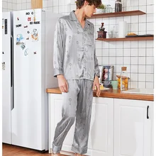 Летний шелковистый Пижамный костюм для сна Мужская рубашка брюки пижамные комплекты повседневная домашняя ночная рубашка халат из искусственного шелка банное платье L-XXL