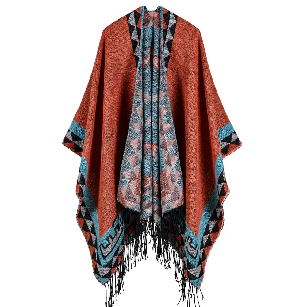 Anself Boho Для женщин вязаный кардиган пончо зима геометрический узор кисточкой длинный кардиган негабаритных свитер теплая накидка - Цвет: Оранжевый