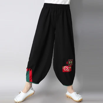 

Large Folk Style Female Pants Retro Cotton Wide Leg Pant Embroidery Pantalones Casual Capris Loose Patchwork Women's Trousers