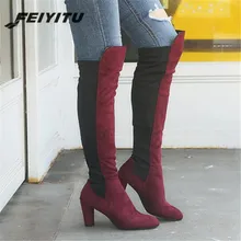Feiyitu/сезон осень-зима; модные эластичные замшевые сапоги с прострочкой; женская обувь на толстой подошве; высокие сапоги; большие размеры 35-43; Цвет черный, серый