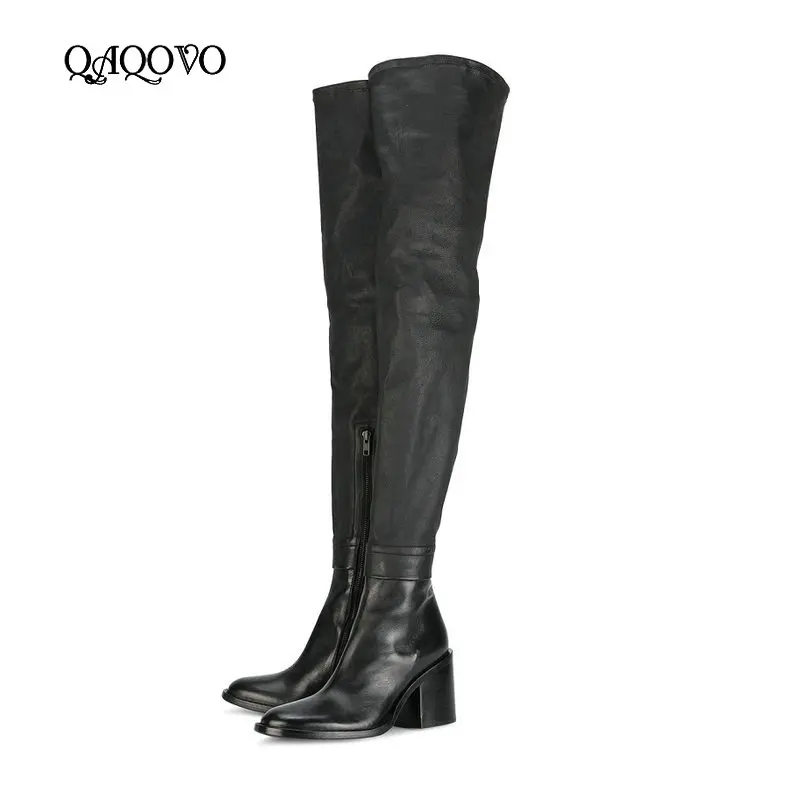 

Fashion Over The Knee Boots Women Boots Shoes Leather Square High Heel Thigh Boots Zipper Motorcycle Boots Autumn Winter Shoes