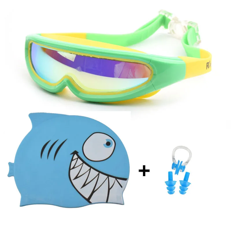 Детские плавающие шапки, очки для плавания, набор ушей с зажимом для носа, силиконовая шапка для мальчиков и девочек, очки для плавания в бассейне, водонепроницаемые очки для плавания ming - Цвет: Blue Shark