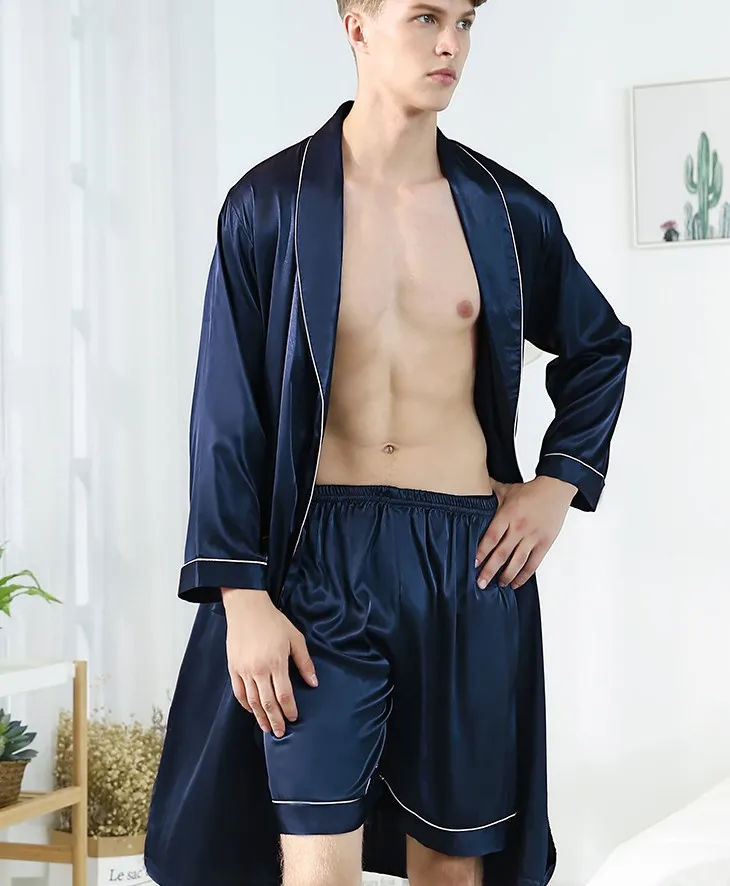 YT-071 атласная шелковая Ванна халат шорты костюм весна осень мужской классический длинный рукав халат шорты костюм