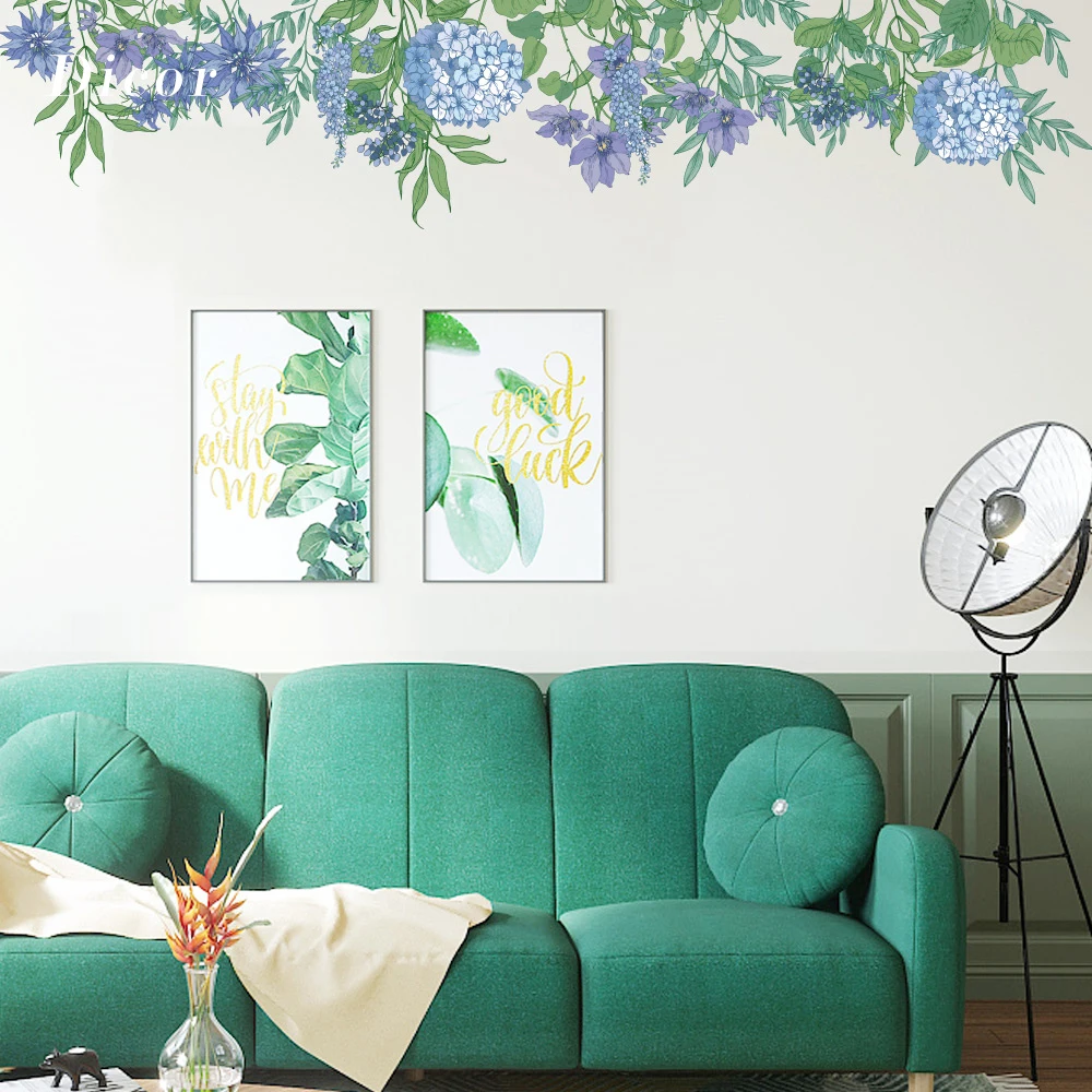 

DICOR 2 PC Purple Hydrangea Macrophylla Wall Sticker Flowers For Living Room Background Wall Decor Diy Home Decoration QT1209