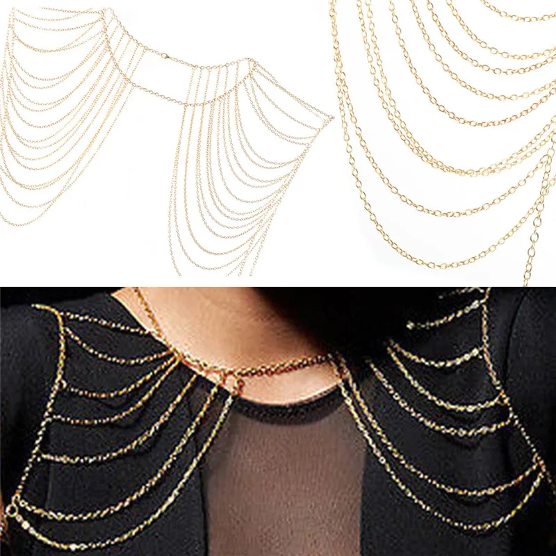 1 шт золотые серебряные богемные ПАНК Ожерелья Воротник плечо цепь длинные ожерелья подвески женские массивные украшения для тела