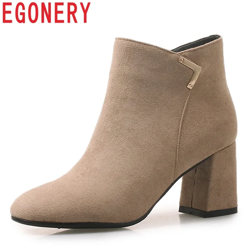 

EGONERY women shoes 2018 new fashion round toe faux suede metal decoration high square heel zip winter outside warm ankle boots
