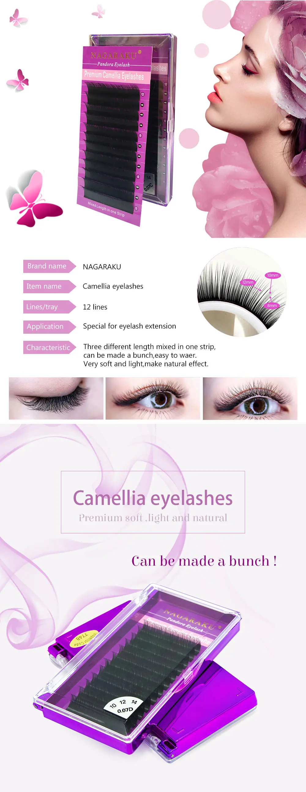 NAGARAKU 3D-6D 12 rows 0.07 Volume Eyelash Extensions Mixed Length in One Lash Strip Camellia Eyelash Become bunches Eyelashes