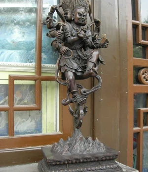 

24"Tibet Buddhism Pure Bronze Three Face Eight Arm Hands MAHAKALA Buddha Statue