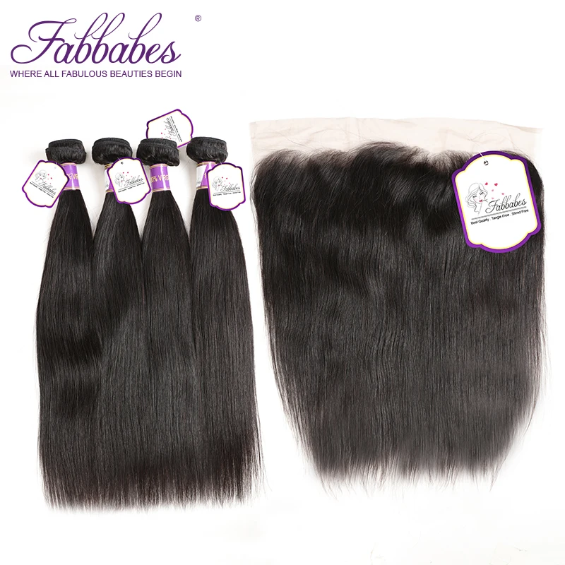 Fabbabes перуанский прямые волосы с кружевом фронтальной человеческих волос 4 Связки с 13*4 Бесплатная средняя часть кружева фронтальные