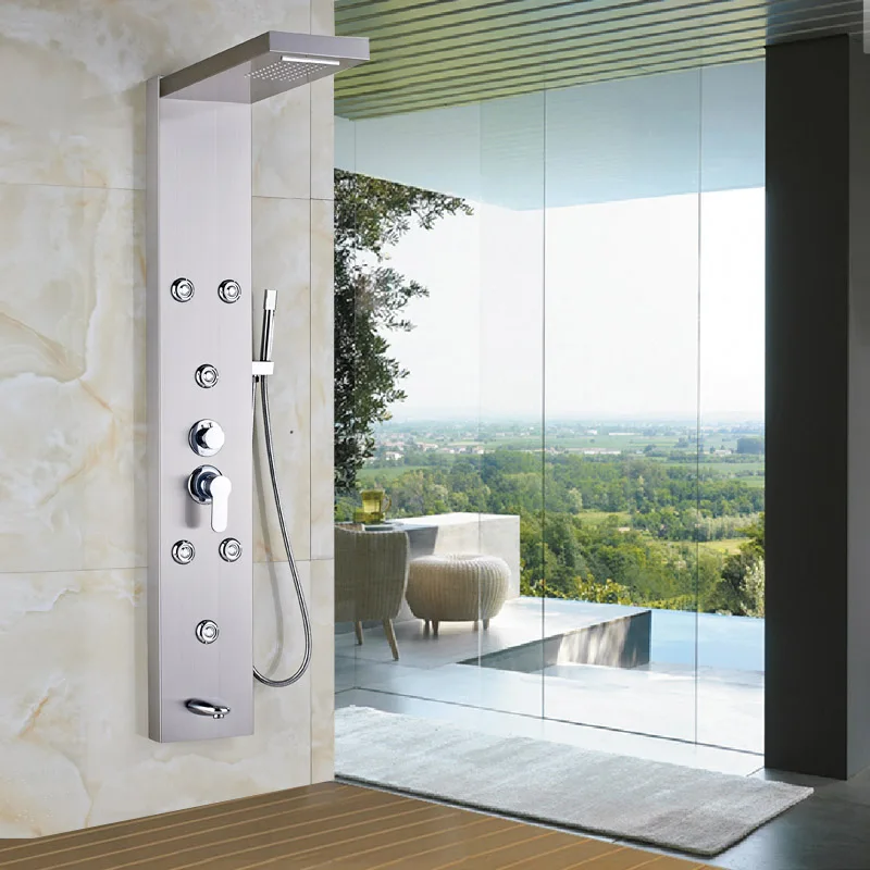Wall Mounted Bathroom Shower Panel Waterfall Rainfall Shower Massage System Brushed Nickel with Hand Shower
