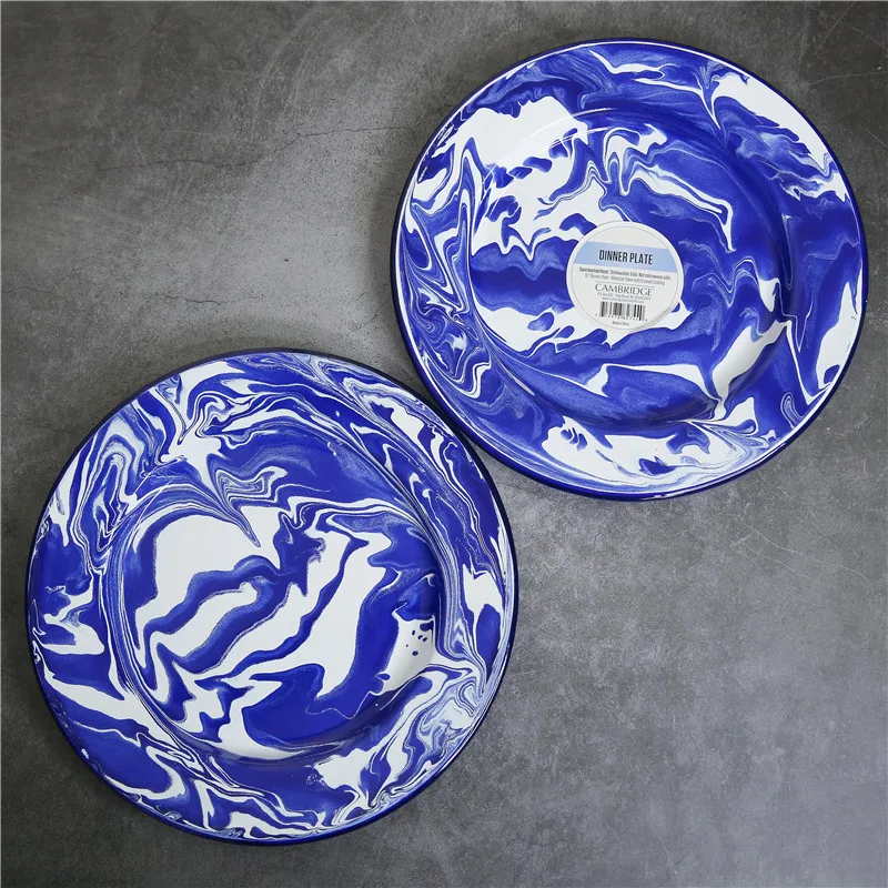 Синяя мраморная тарелка для завтрака, толстая эмалированная плоская тарелка, тарелка для ювелирных изделий
