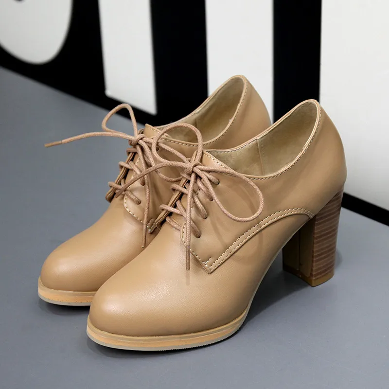 Fanyuan/новые женские повседневные весенние туфли на высоком массивном каблуке, с принтом под дерево, на шнуровке, для школьниц женские туфли-лодочки Большие размеры 34-43