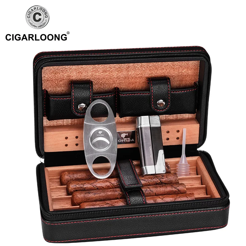 Черный Коричневый Cohiba чехол для сигар Humidor портативный кедровый деревянный кожаный дорожный Humidor набор с увлажнителем Подарочная коробка HH-1040