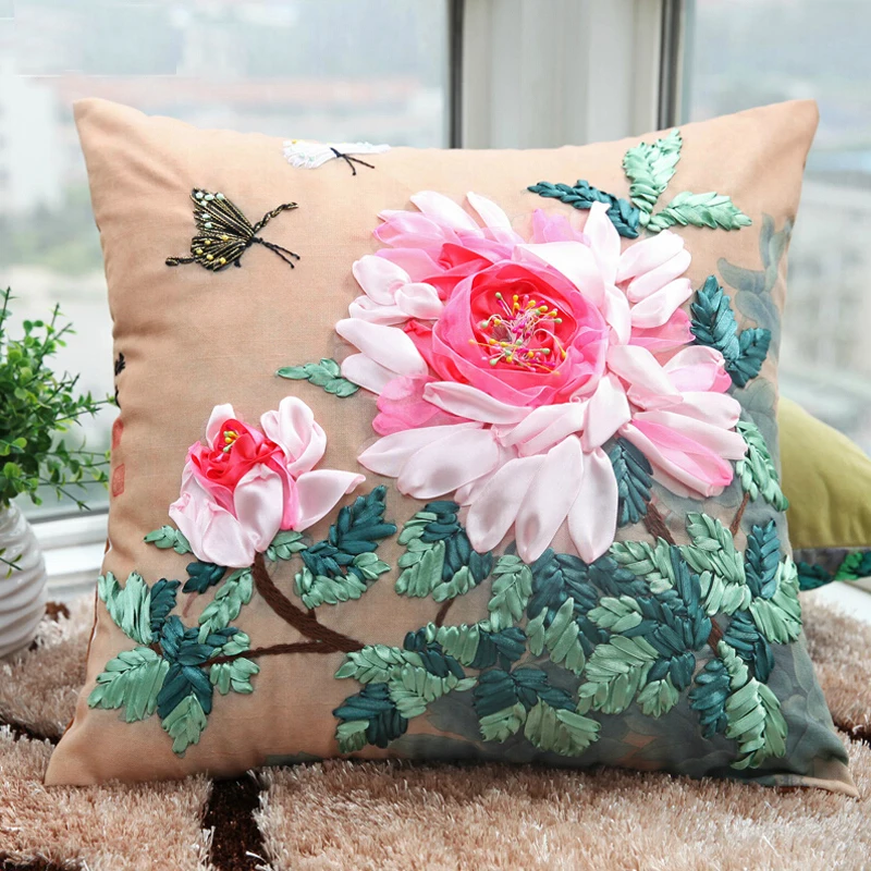 Buy DIY ribbon embroidery flower pillow case 3d cross