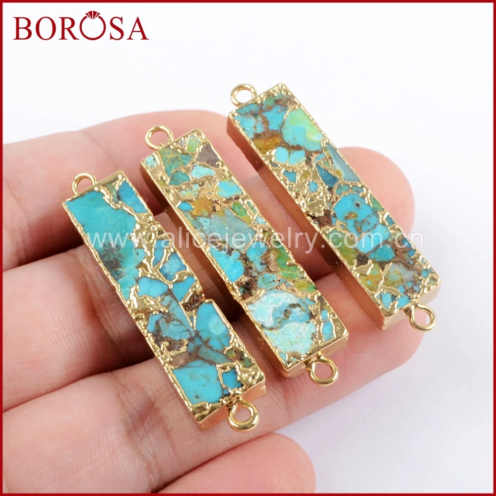 BOROSA 5/10PCS Gold Color Rectangle Copper Turquoises Connector Natural Blue Stone Double Charms Gems for Necklace Jewelry G1650 5