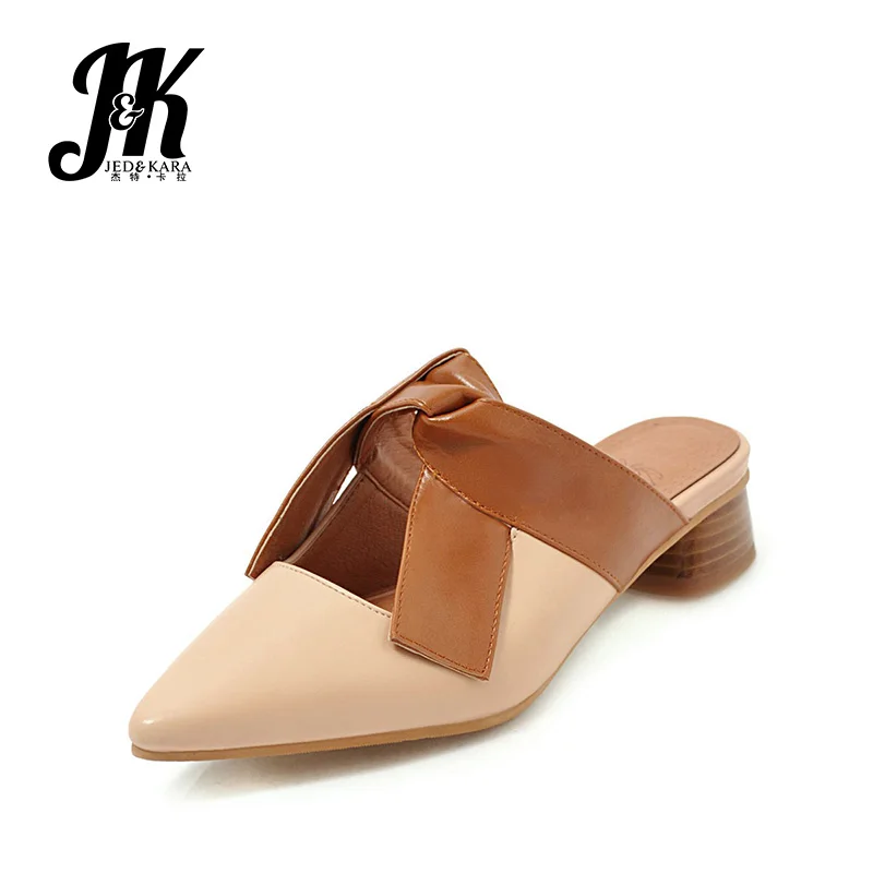 

JK Low Heels Slippers Women Pointed Toe Footwear Fashion Casual Slides Shoes Female PU Shoes Woman 2019 New Summer Big Size 48