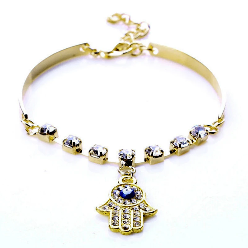 Gold-color Bracelet Bangle Hamsa Symbol Fatima Hand Pendant Rhinestone Bracelet Jewelry Gift