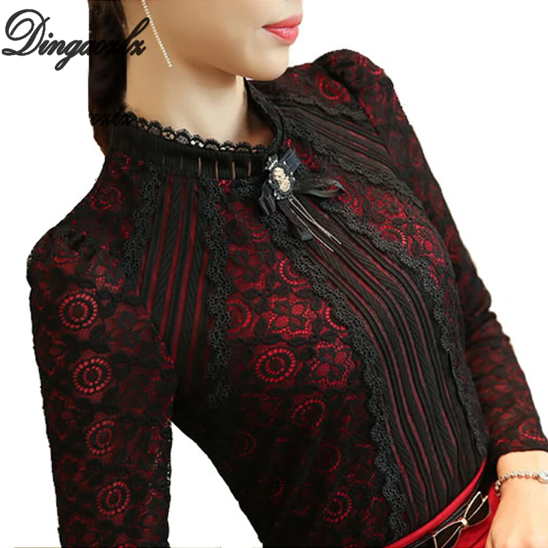  Dingaozlz Royal Elegant Women shirt 2018 Spring Fashion Ladies Lace blouse Plus size Female Lace To