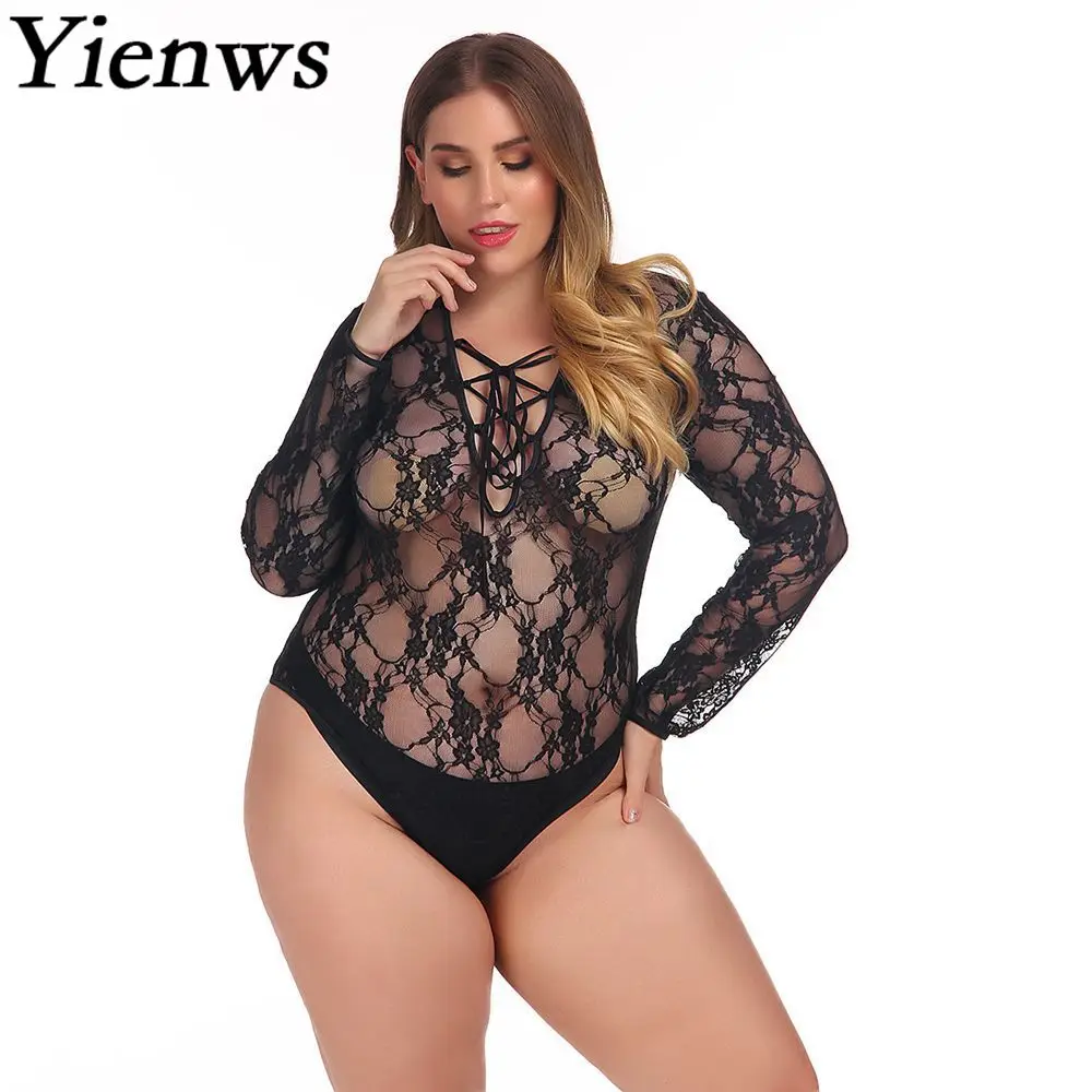 

Yienws 4XL Long Sleeve Lace Jumpsuit Women Mesh Black Bodysuit 2019 Lace Up Sexy Rompers Female White Plus Size Jumpsuit YiZ26
