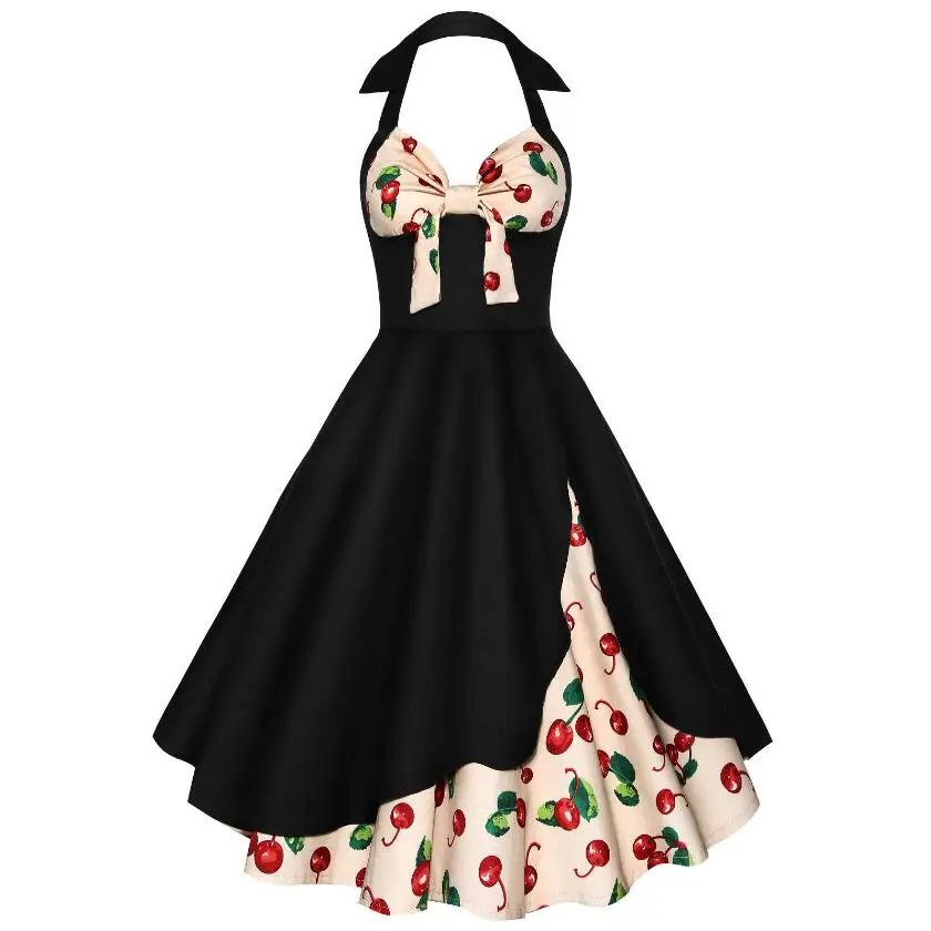 Лето Новое Женское платье 1950 s винтажное стильное цветочное Вишневое платье с принтом на булавке бальное платье vestidos рокабилли платье