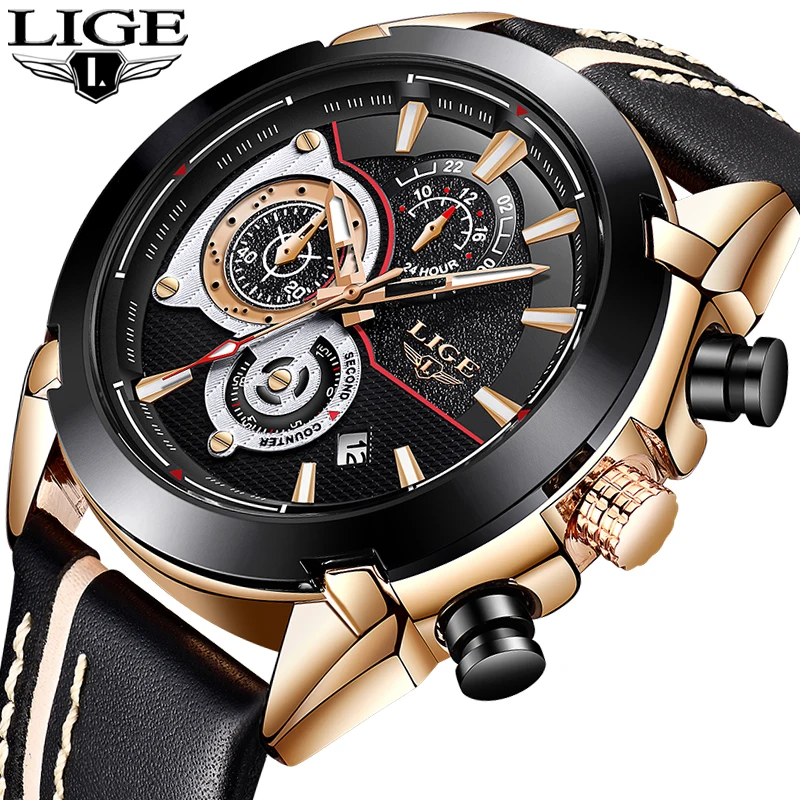 

2018 LIGE New Top Brand Luxury Watches Mens Military Sports Waterproof Watch High Quality Leather Quartz Clock Relogio Masculino