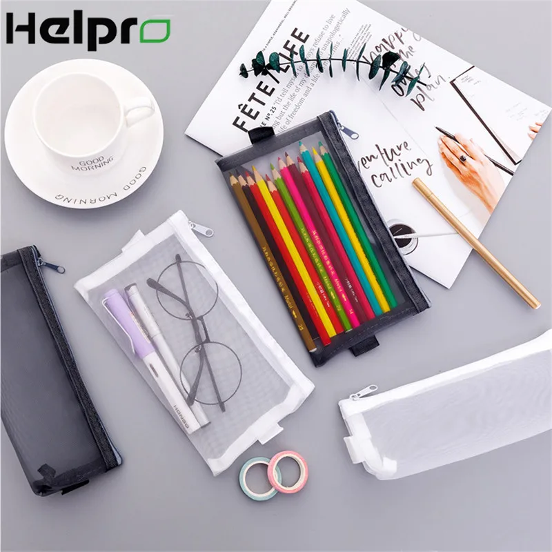 

Helpro Simple Transparent Mesh Pencil Cases Office School Stationery Supplies Zipper Pen Bags Convenient High Capacity