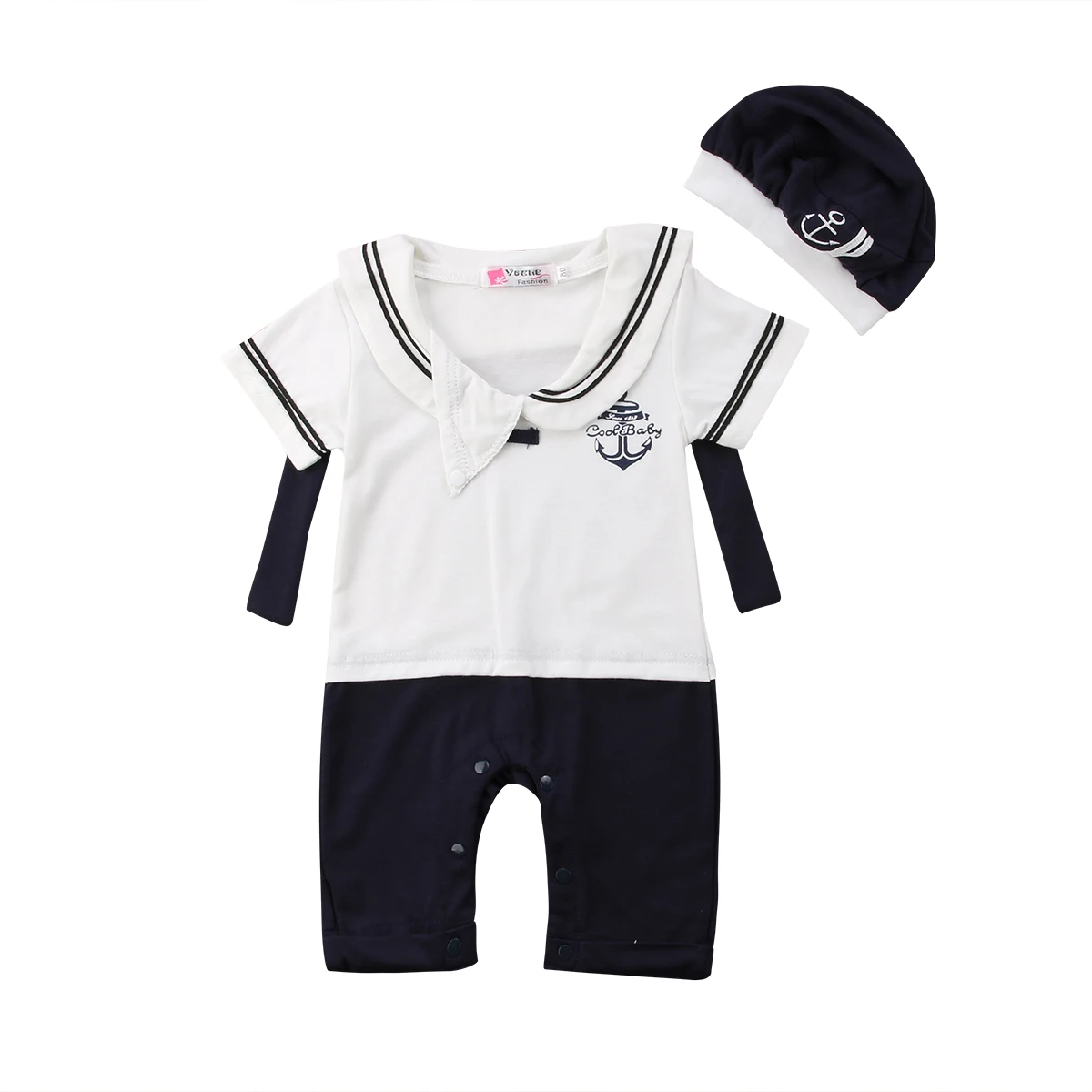 Cotton Short Sleeve Sailor Collar Rompers Hat Outfits Clothes Set