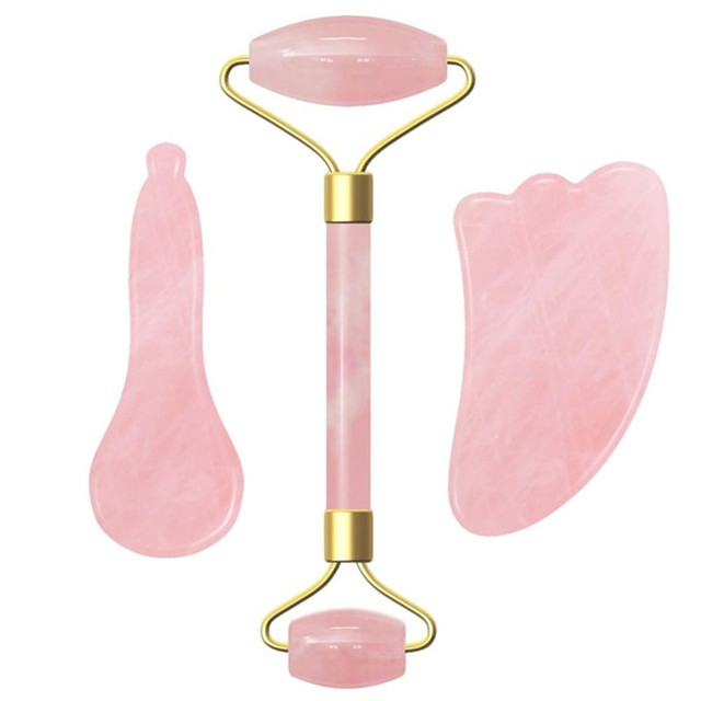 Natural Stone Jade Roller Facial Massager Portable Face Lift Tools Rose Quartz Face Roller Skin Care Gua Sha Set Tool