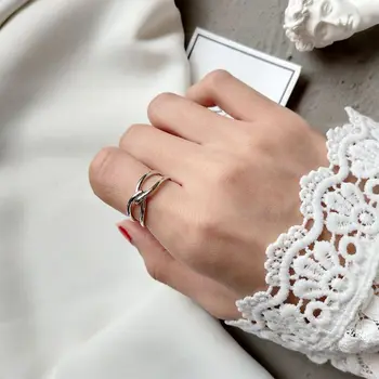 

Silvology 925 Sterling Silver Tie Rings Silver Original Double Layer Interweave Simple Wild Elegant Female Open Rings Jewelry
