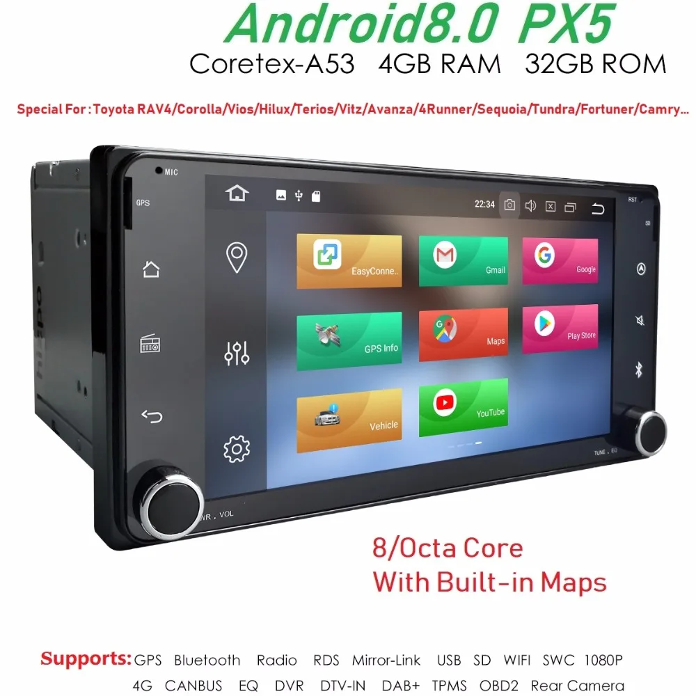 Hizpo Android8.0 8 Core 4 Гб + 32 ГБ 2DIN автомобиля NODVD gps для Toyota Terios Corolla Старый Camry Prado RAV4 fortuner