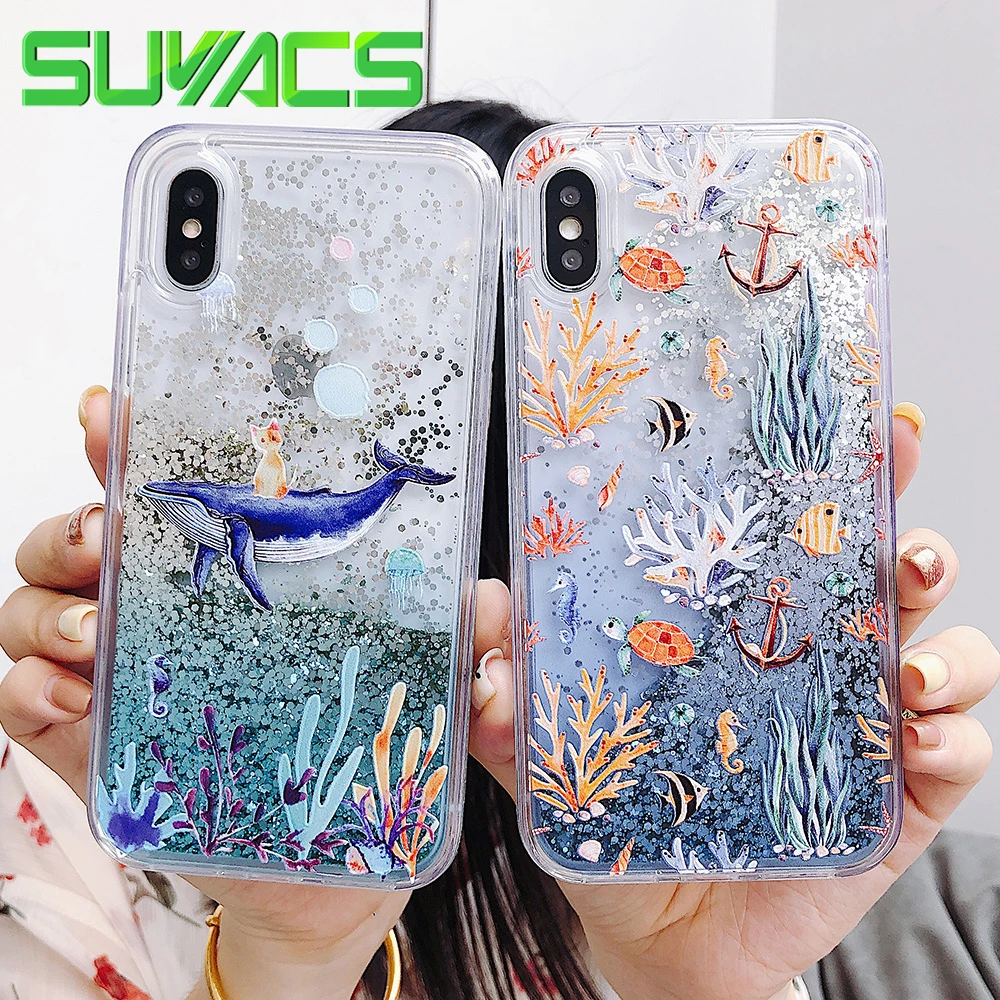 

SUYACS Shark The Underwater World Pattern For iPhone X 6 6S 7 8 Plus Quicksand Soft Protective Phone Back Cover Case Capa Bags