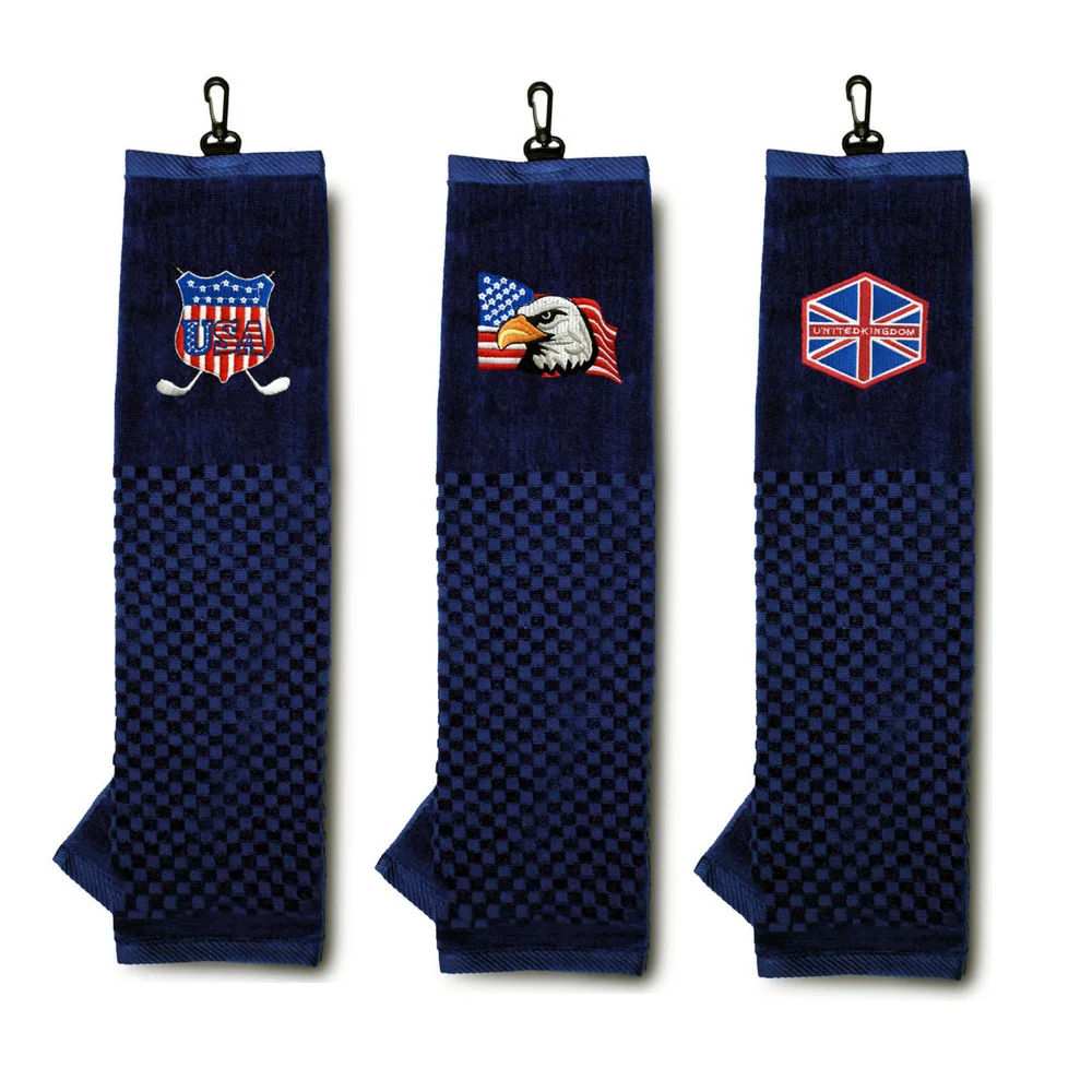 Golf Towel Clip Tri fold 100 Cotton 16''x24'' inch Comfortable Sports Soft UK/USA Flag Eagle