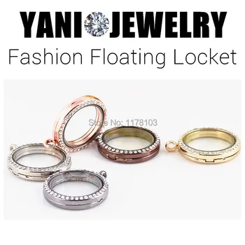 

10pcs/lot Wholesale Mix Colors 30mm Round Magnetic Glass Living Floating Locket with Rhinestones Charms Locket Pendant