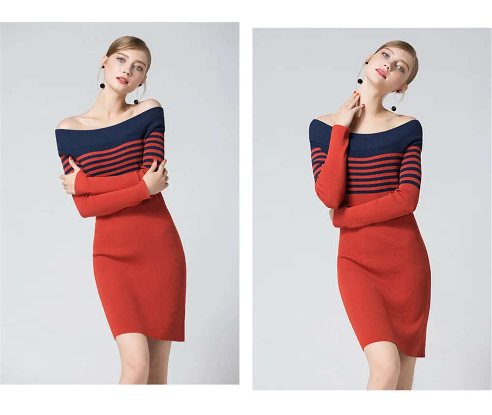 Fashion Autumn Off shoulder Sweater Dress 2017 High Quality Long Sleeve Off Shoulder Slash Neck Knitted Party Dress For women (5)