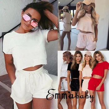

Hot Selling New Fashion Women Casual Clothes Sets Short Sleeve Crop Tops Lace Up Waist Shorts Summer Fashion Sets Lady Suit