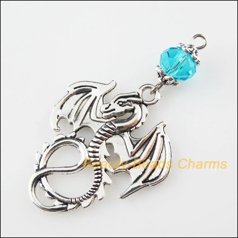 

3Pcs Tibetan Silver Tone SkyBlue Crystal Wings Dinosaur Charms Pendants 27.5x48mm